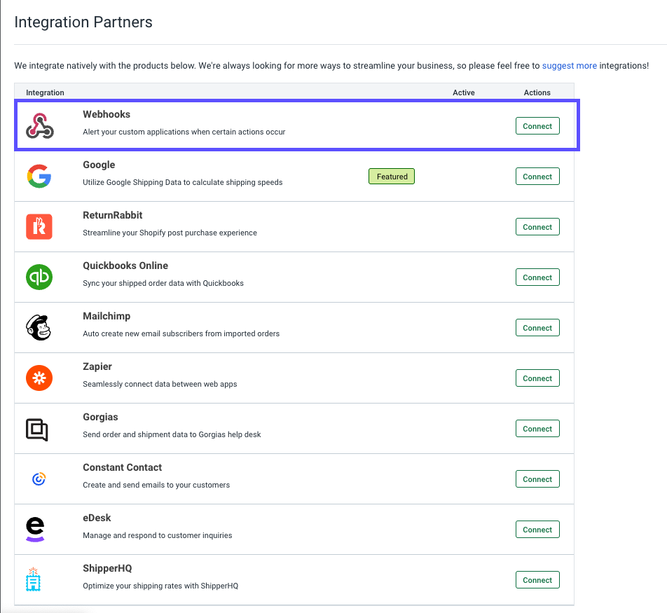 Integration Partners with webhooks icon highlighted