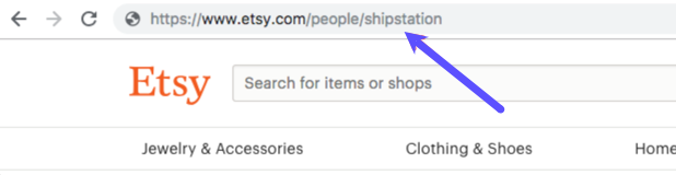 Image : site web Etsy, une flèche pointe vers le nom d'utilisateur dans l'URL.