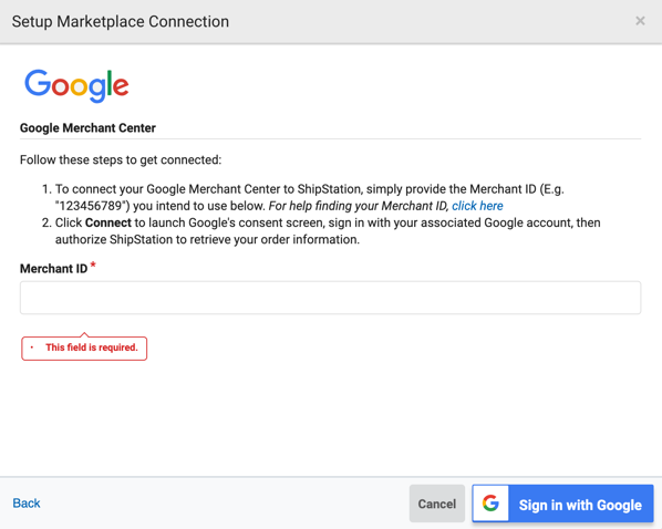 Imagen: Ventana emergente Configurar conexión para la tienda de Google. El campo de identificación de Google Merchant es obligatorio.