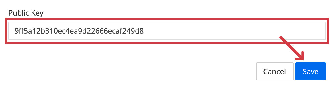 Shift4Shop Public Key field highlighted with arrow pointing to Save button.