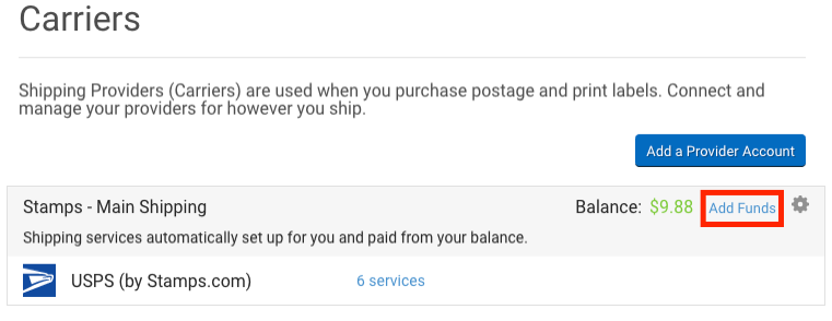 Carriers settings page. Add Funds link outlined for Stamps account