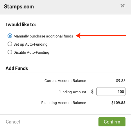 Stamps popup. Arrow points out option to Manually purchase additional funds