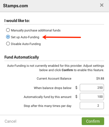 Stamps popup. Arrow points out option to Set Up Auto-funding
