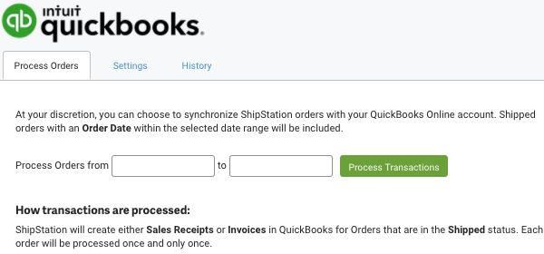 Pestaña Procesar pedidos de Quickbooks