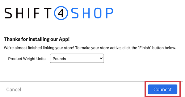 Shift4Shop-Verbindungsformular mit hervorgehobener Schaltfläche „Verbinden“.