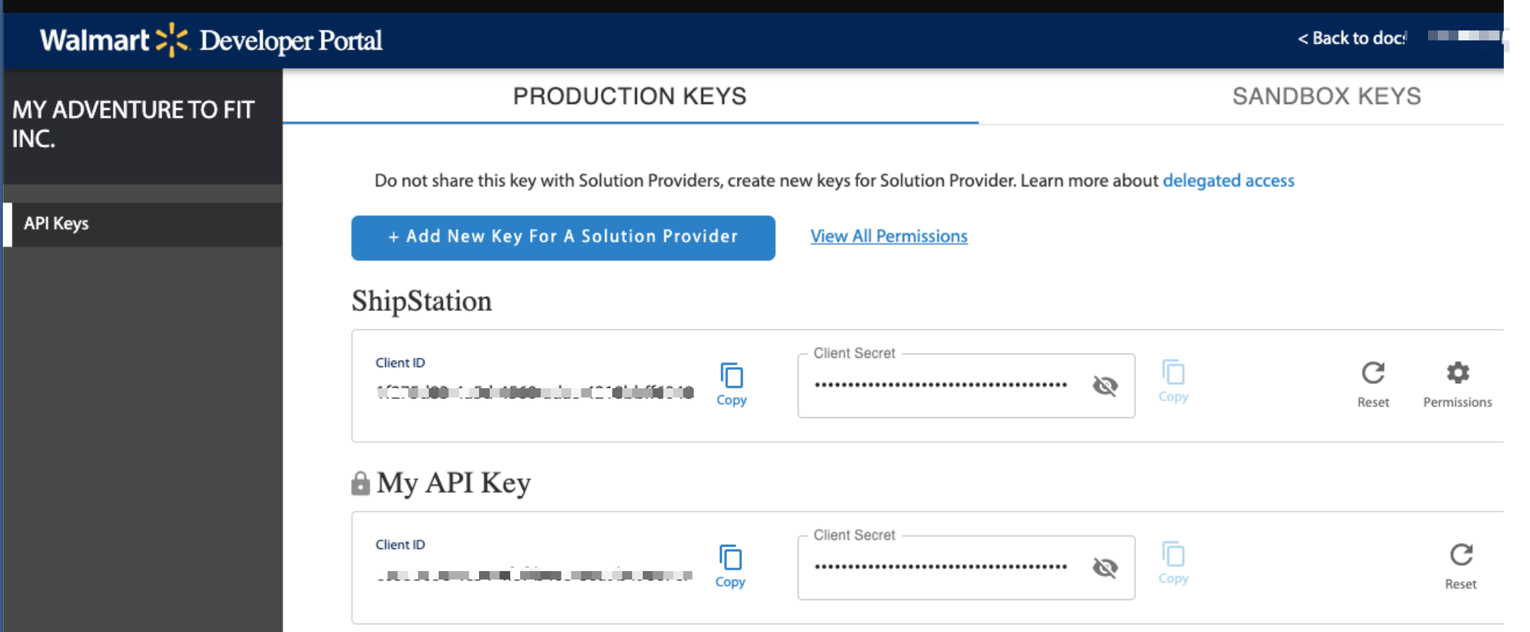 Walmart developer portal showing the production keys for ShipStation.