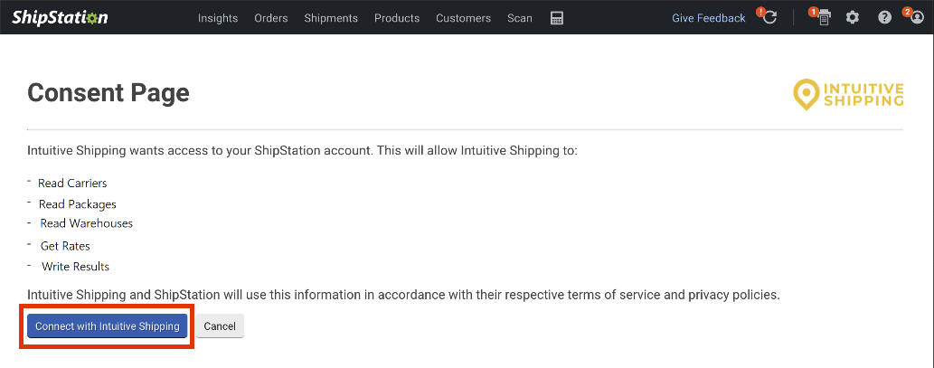 Intuitive Shipping's Consent Page popup in ShipStation