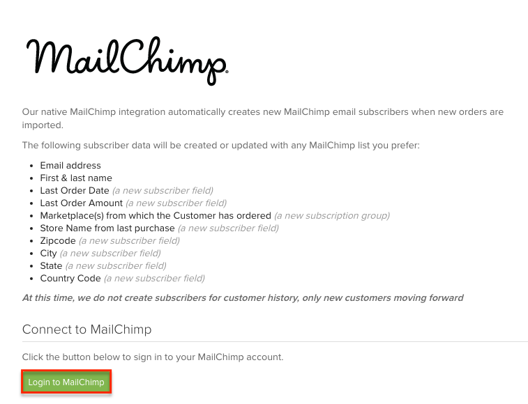 MailChimp connection page with Login to MailChimp button highlighted.