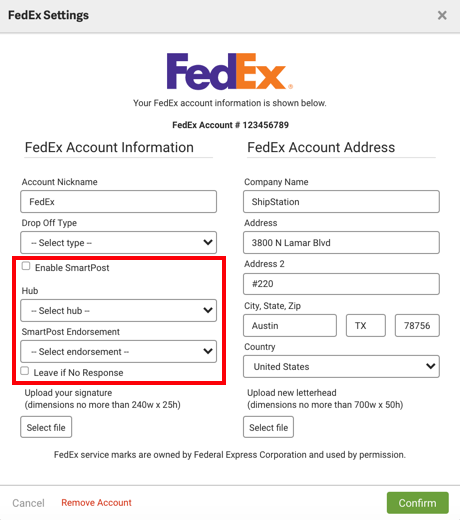 Pantalla de configuración de la empresa de transporte de FedEx con la configuración de SmartPost resaltada