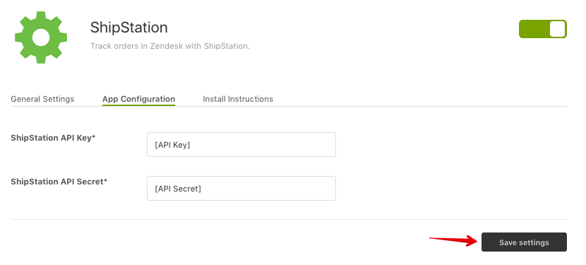 Registerkarte „ZenDesk App-Konfiguration“ mit Pfeil, der auf „Einstellungen speichern“ zeigt.