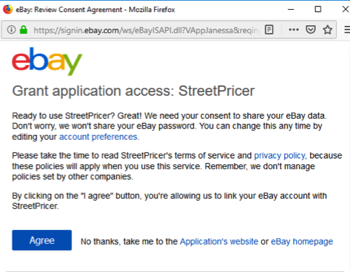 Ventana emergente de eBay para conceder acceso a StreetPricer