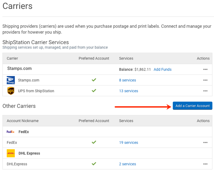 Carriers Settings Page. Arrow points to Add a Carrier Account button.
