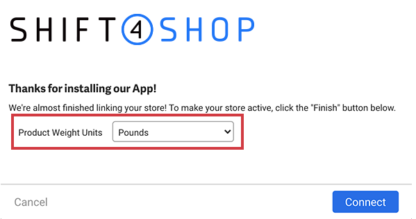 Verbinden Sie den Shift4Shop-Shop mit dem hervorgehobenem Dropdown-Menü für Produktgewichtseinheiten.
