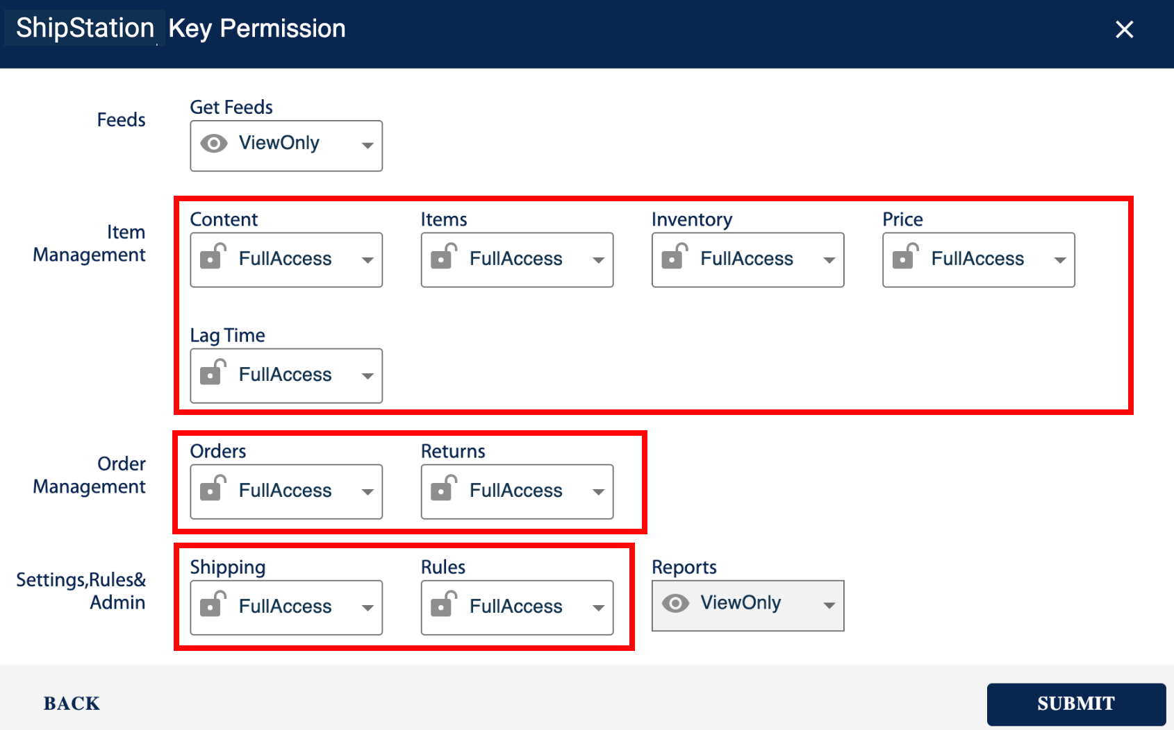 ShipStation Key Permissions module with sections Item Management, Order Management, and Settings, Rules, & Admin marked.