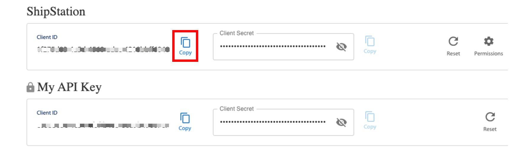 The ShipStation Client ID copy icon is marked.