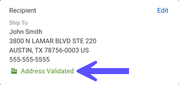 Buyer/Recipient info. Red arrow points to Validated Commercial Address icon (Green office building) & Address Verified status