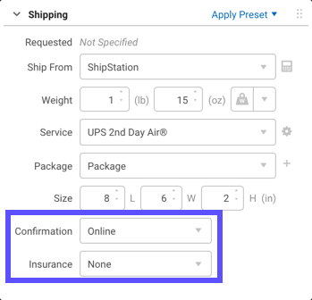 Configure Shipment Widget with Confirmation and Insurance dropdowns highlighted