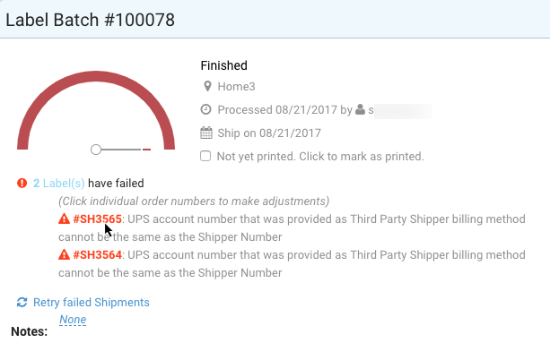 Label Batch Error Details pop-up, has Individual Order numbers, error details, & links to make adjustments.