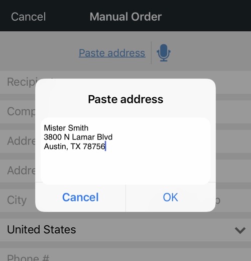 Mobile Paste Address pop-up