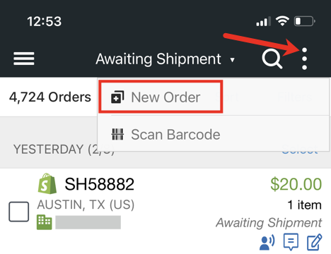 Mobile orders screen with action menu and new order highlighted