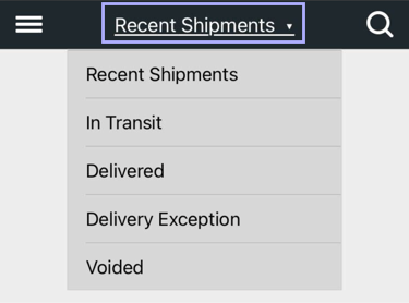 Mobile shipment status drop-down