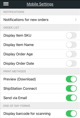 Mobile Settings Menu