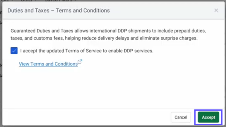 Duties & Taxes - Terms & Conditions pop-up. Shows checked box and Accept button