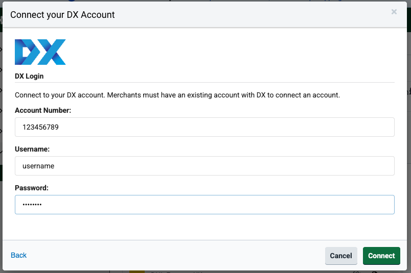 Shows the Connect-your-DX-Account pop-up. Required fields: Account number, Username, & Password