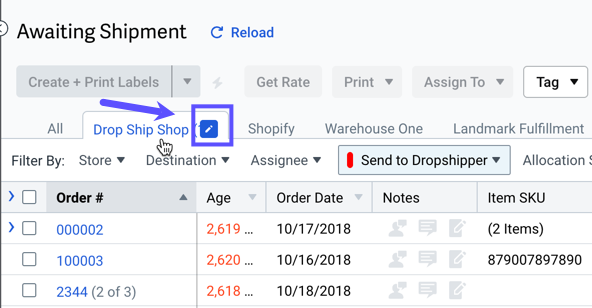 Orders tab. Box highlights the pencil icon to edit a saved view.