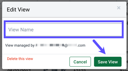 Edit View pop-up. Box highlights the ​​View Name​ field & arrow points to ​the Save View button.