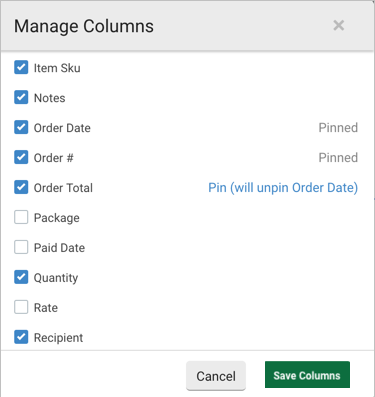 Manage Columns pop-up. Hover over a visible but non-pinned column & message reads, "Pin (will unpin Order Date)"