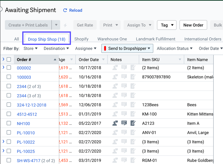 Orders tab. Box highlights a saved view labeled: Dropship Shop, and it has 18 orders.