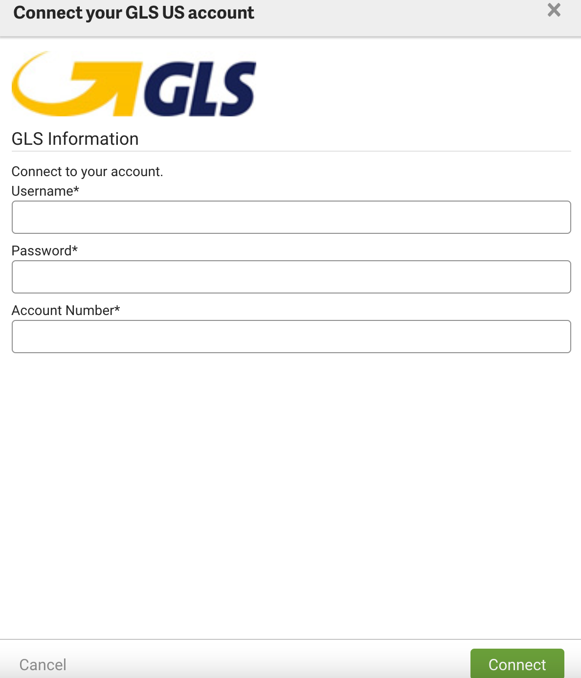 Pantalla emergente de conexión a GLS que muestra el nombre de usuario, la contraseña y el campo del número de cuenta.