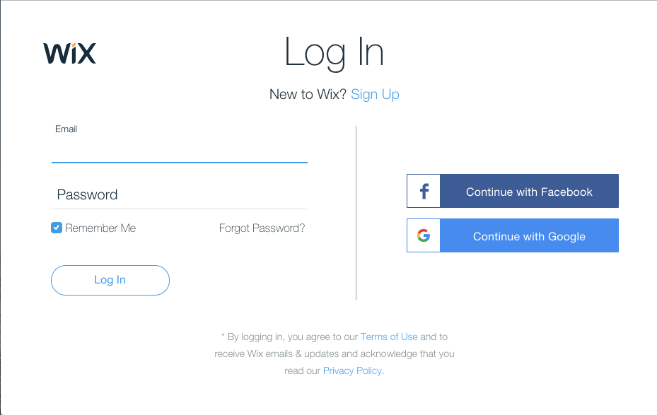 Wix login screen.