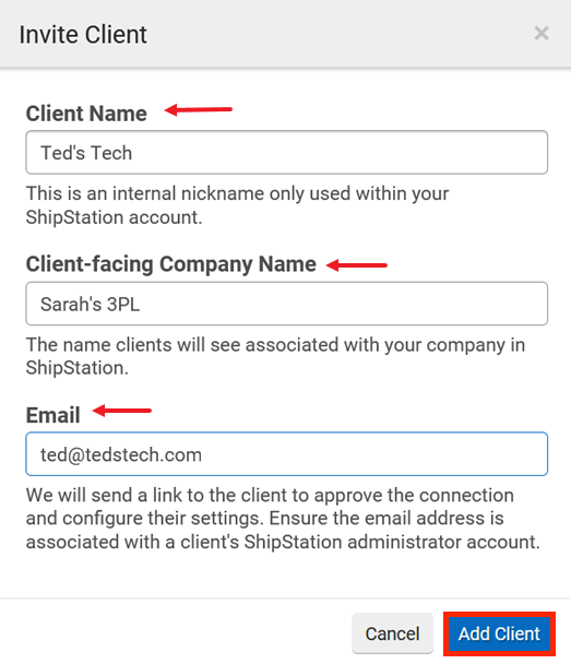 Invite Client pop-up window with Client Name, Client-facing Company Name, and Email entered. "Add Client" button selected.