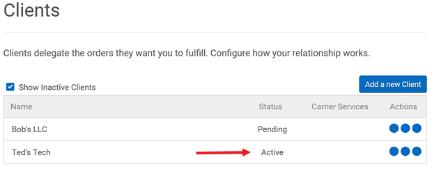Client shows status of Active on Clients settings page.
