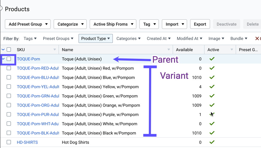 Annotated Product grid displaying the parent product with variants listed underneath.
