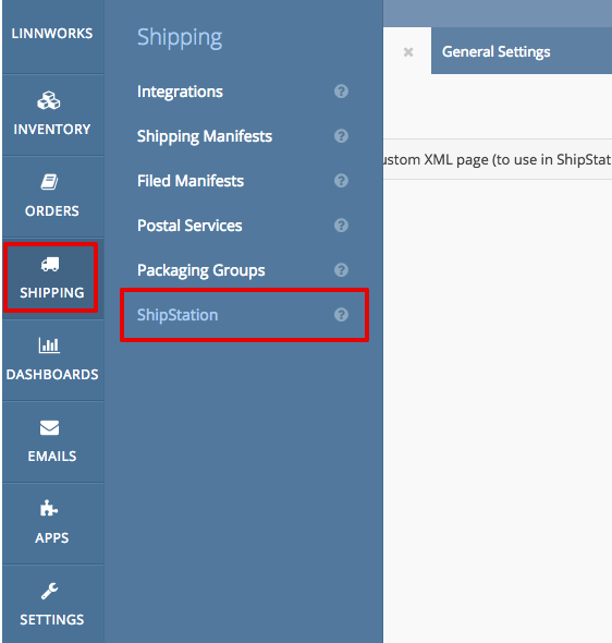 Linnworks dashboard menu with Shipping and ShipStation option highlighted.