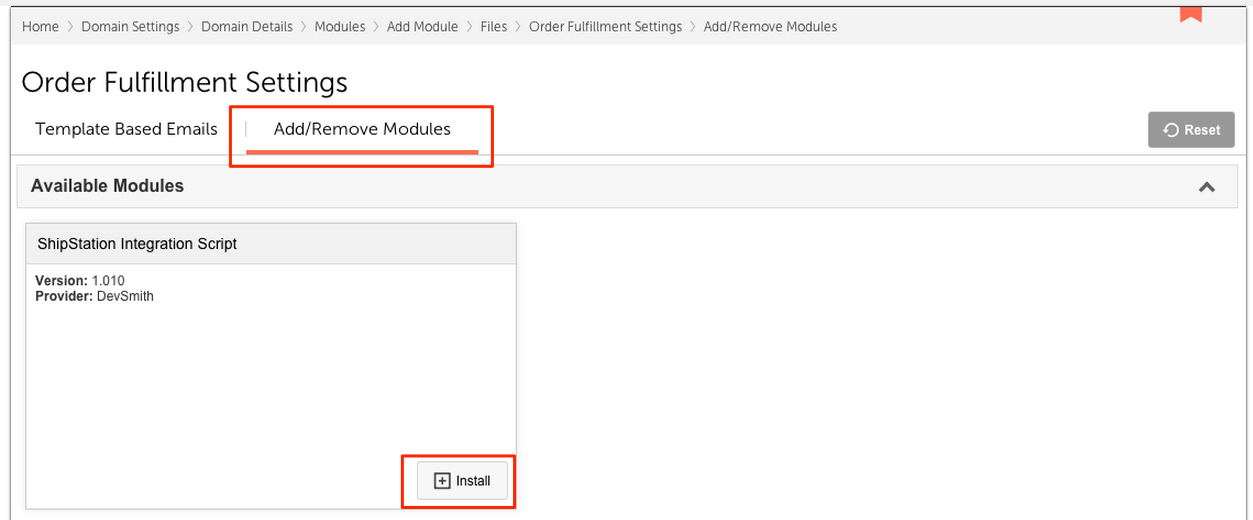 Miva Order Fulfillment Settings menu with Add/Remove Modules and Install buttons highlighted.