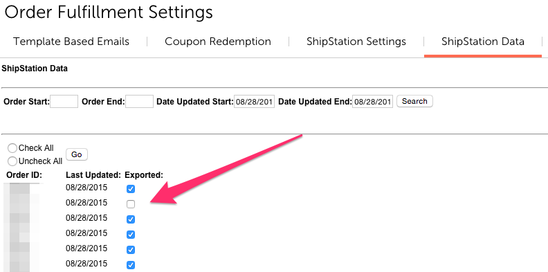 Miva Order Fulfillment Settings with arrow point to unchecked exported checkbox.