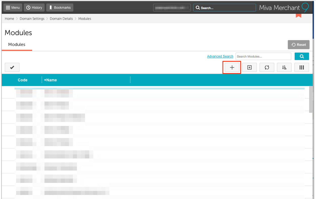 Miva modules menu module tabs with + button highlighted.