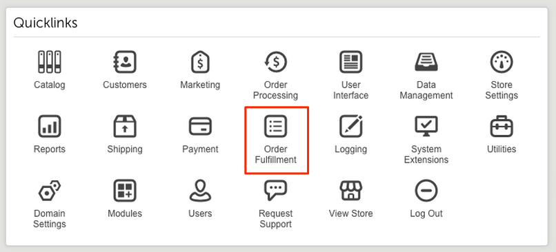 Miva quicklinks with Order fulfillment highlighted.