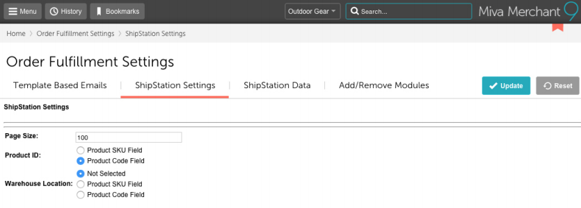 Miva Order Fulfillment Settings with ShipStation Settings highlighted.