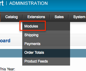 Menu des extensions Opencart avec l'option Module encadrée en rouge.
