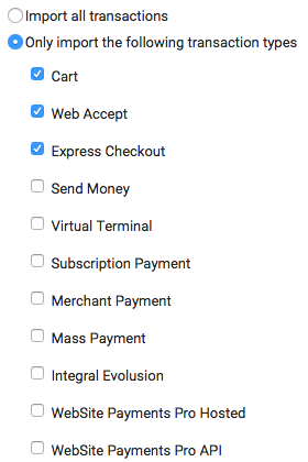 PayPal connection Transaction Types list.