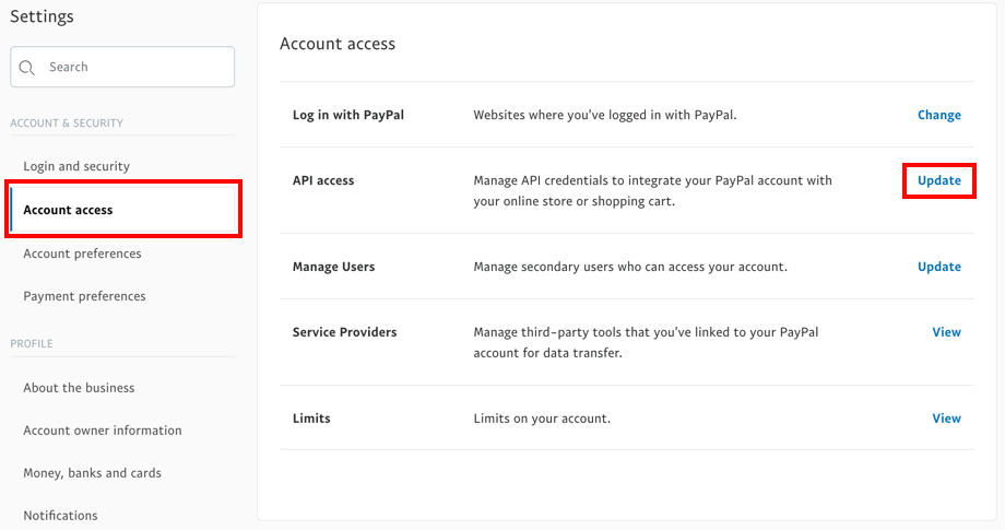 Configuración de PayPal con acceso a la cuenta y al enlace de actualización de API.