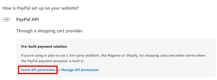 PayPal API with Grant API Permission link highlighted.