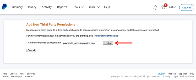 PayPal Add New Third Party Permissions with arrow pointing to Lookup button.