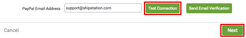 PayPal connection with Test Connection and Next button highlighted.