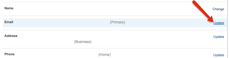 PayPal my account profile with arrow pointing to Email Update link.